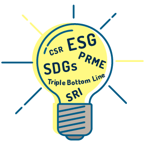 Light bulb shining out societal impact framework names. Includes ESG, SDGs, PRME, Triple Bottom Line, SRI, and CSR.